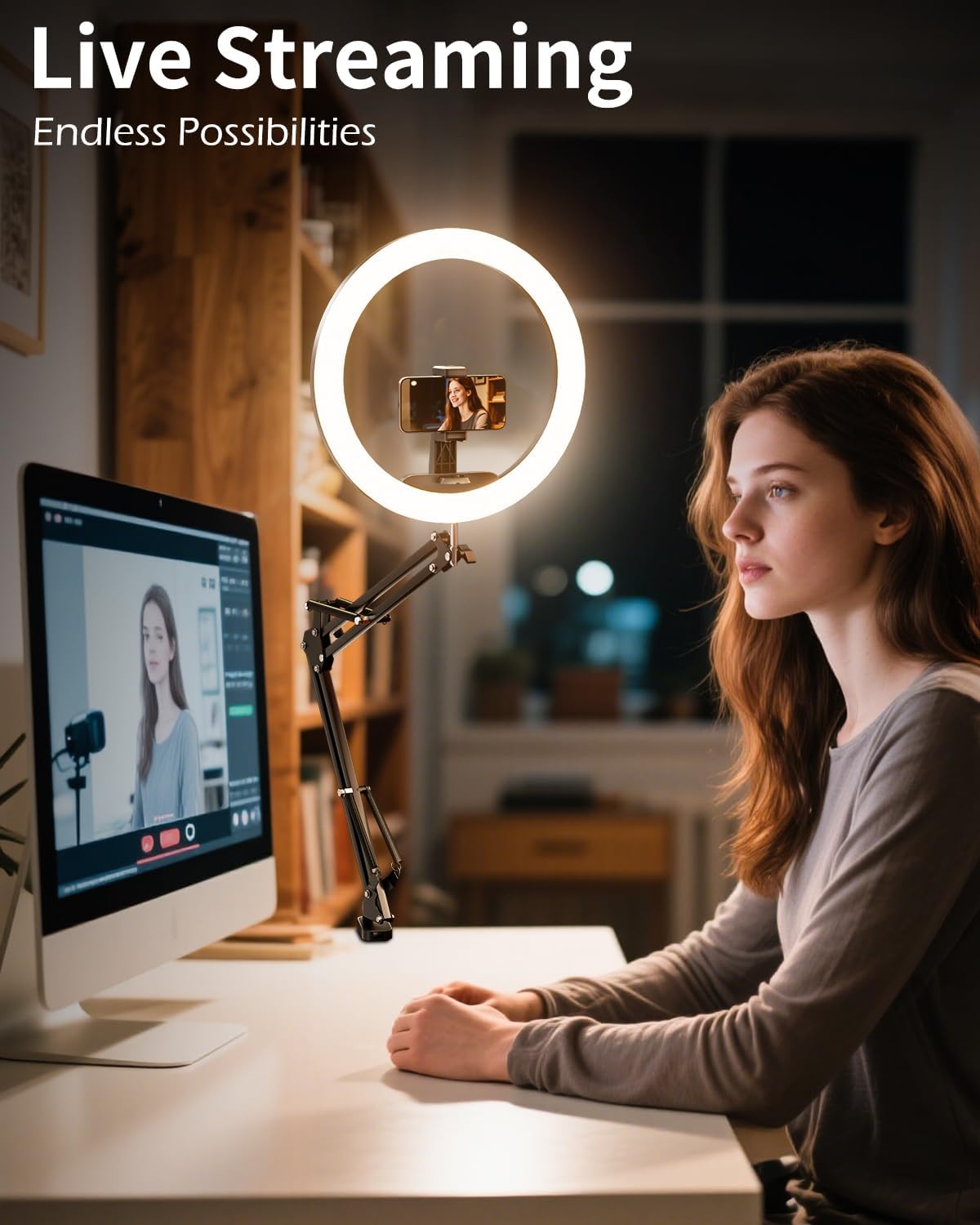 Overhead Ring Light for Desk with Phone Mount